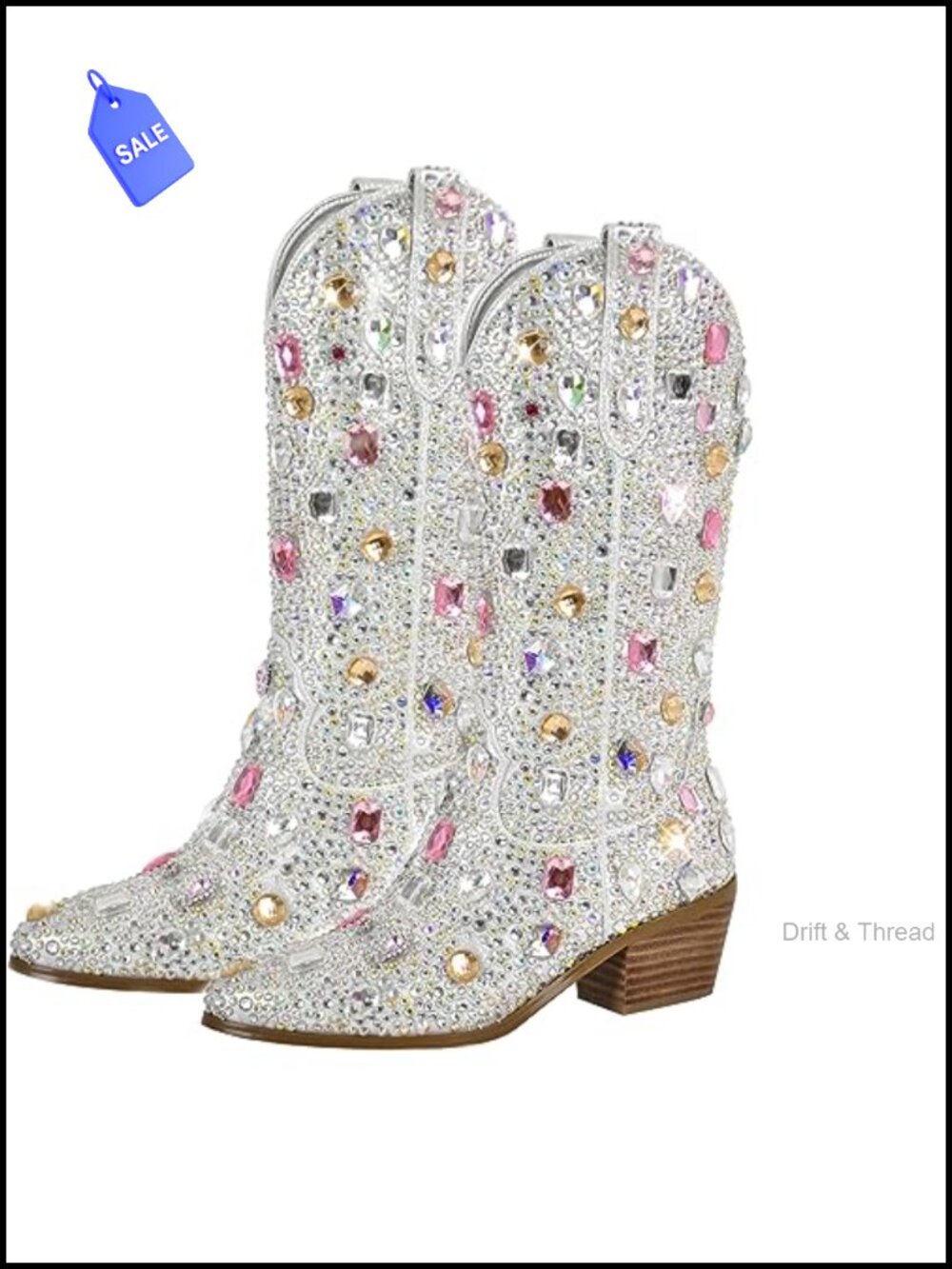 Women's Sparkly Cowboy Boots Rhinestone Calf High Pull On 2.2in Heel Cowgirl
